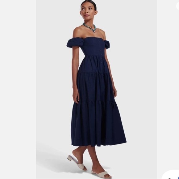 NWT STAUD Elio Off-Shoulder Midi Sundress in Navy Blue Size 10 - Picture 1 of 15
